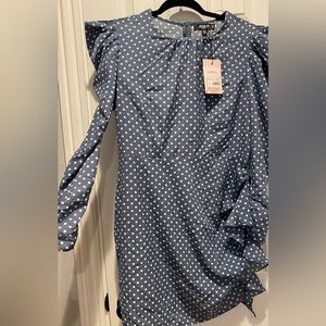 Missguided Blue White Polka Dot Puff Sleeve Dress